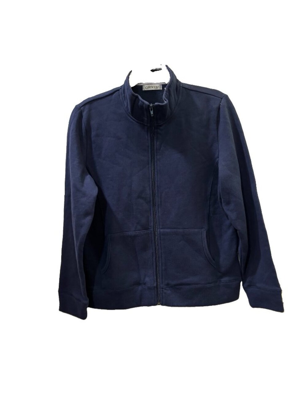 Orvis Blue Cotton Blend Full Zip Fleece Lined Mock Neck Sweatshirt S nautical
